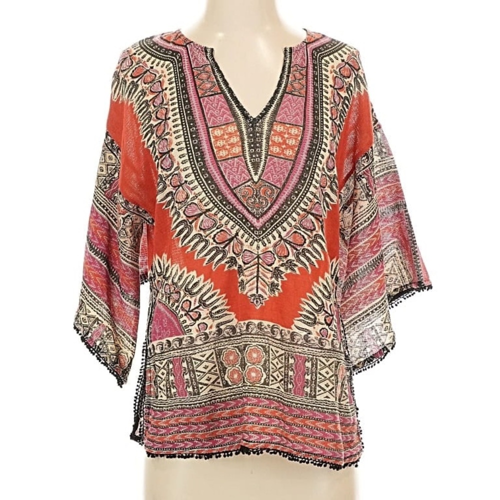 Free People Boho Tribal Kaftan Blouse Sheer Lightweight Tunic Top Coverup